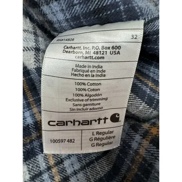 Carhartt Flannel Shirt Button Up Relaxed Fit Heavy Weight Blue Gray Plaid Mens L - Picture 8 of 9